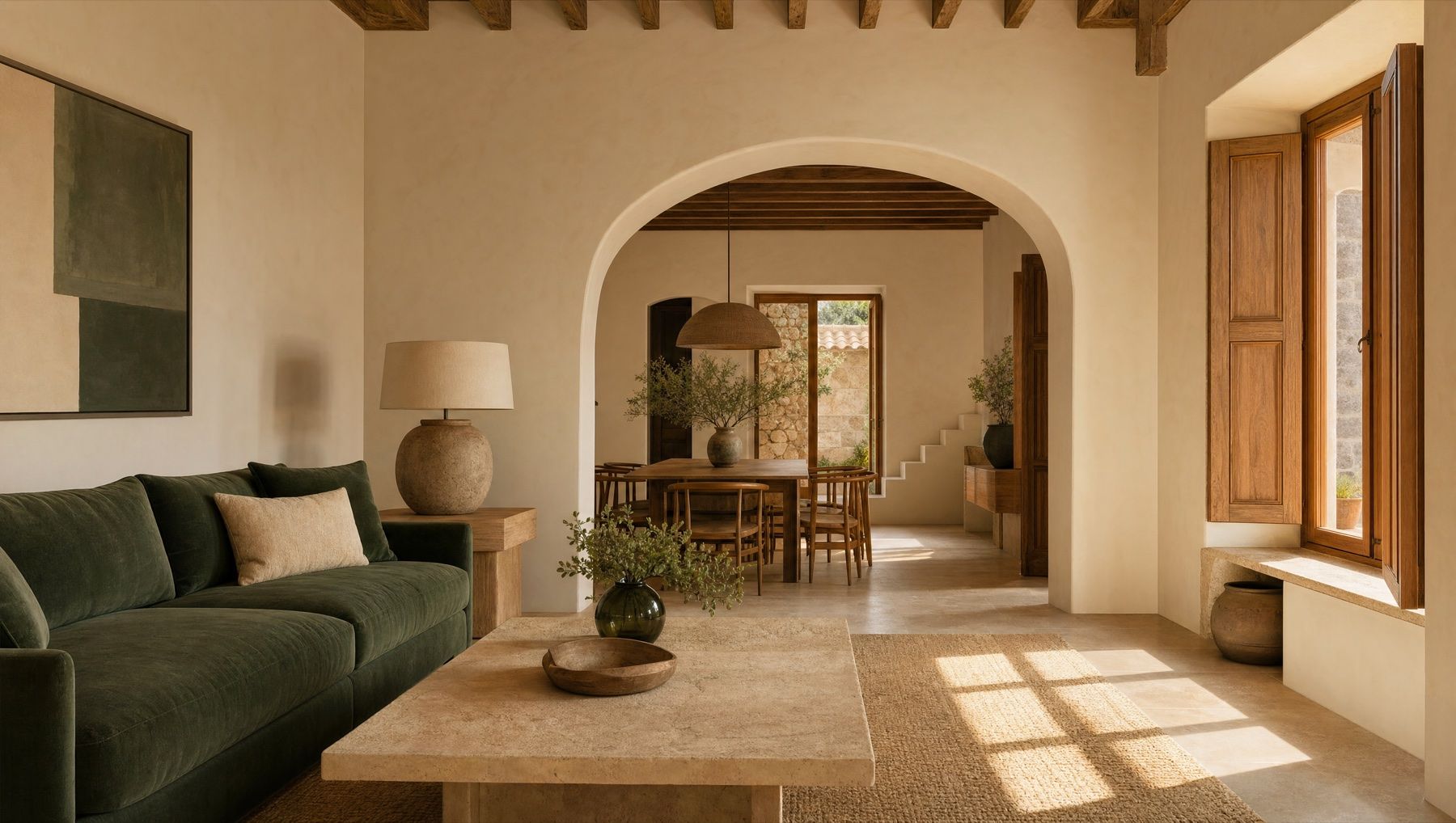 Sala rehabilitada, con vigas de madera, sofá verde y luz de tarde entrando por la ventana