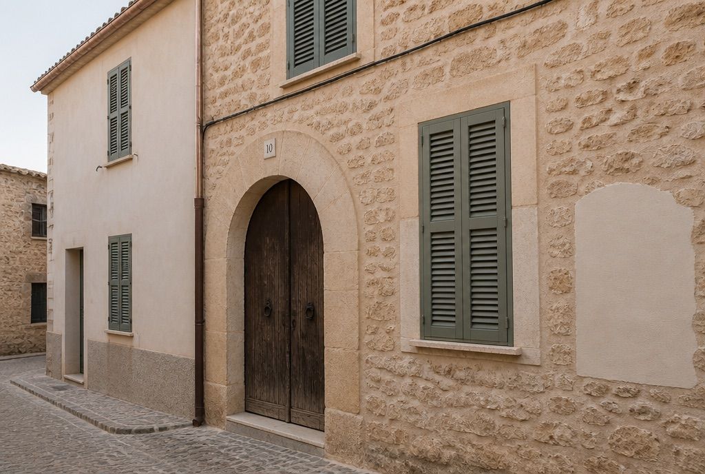Fachada de una casa de pueblo mallorquina en piedra de marès, con puerta de arco y persianas verdes